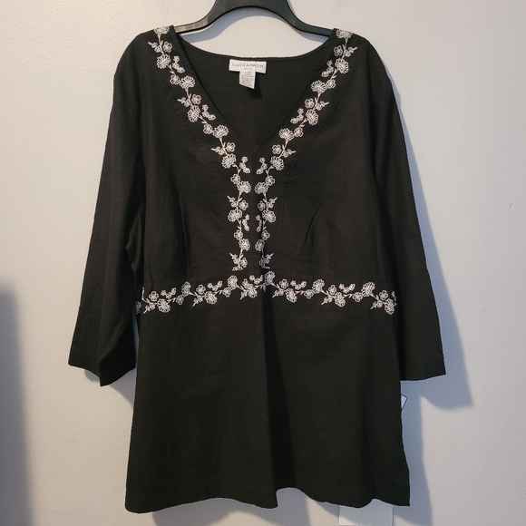 Women's 2X linen blend black white flora embroidered tunic blouse top plus size - Picture 2 of 14